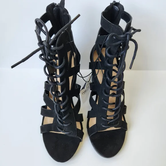 Rue 21 Peep Toe Lace Up Booties Black Back Zipper Block Heel Sexy Cute Size 9 - Picture 5 of 12